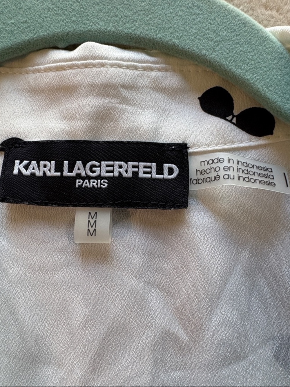 Karl Lagerfeld Silky White Shirt with Black Sunglass Motif Size Medium - Picture 6 of 7